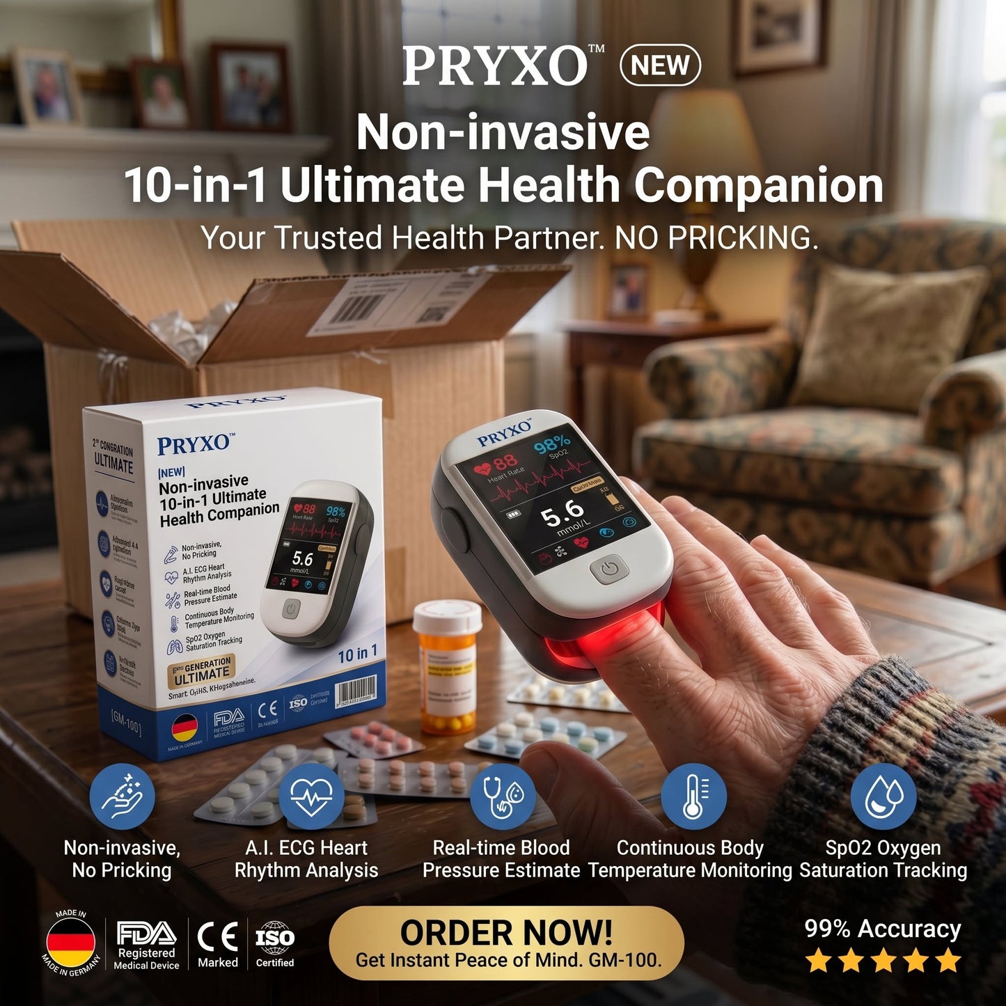 German Quality Certified ✅2026 Pryxo™ second generation 10-in-1 smart blood medical instrument / 10 health reports - No-Prick